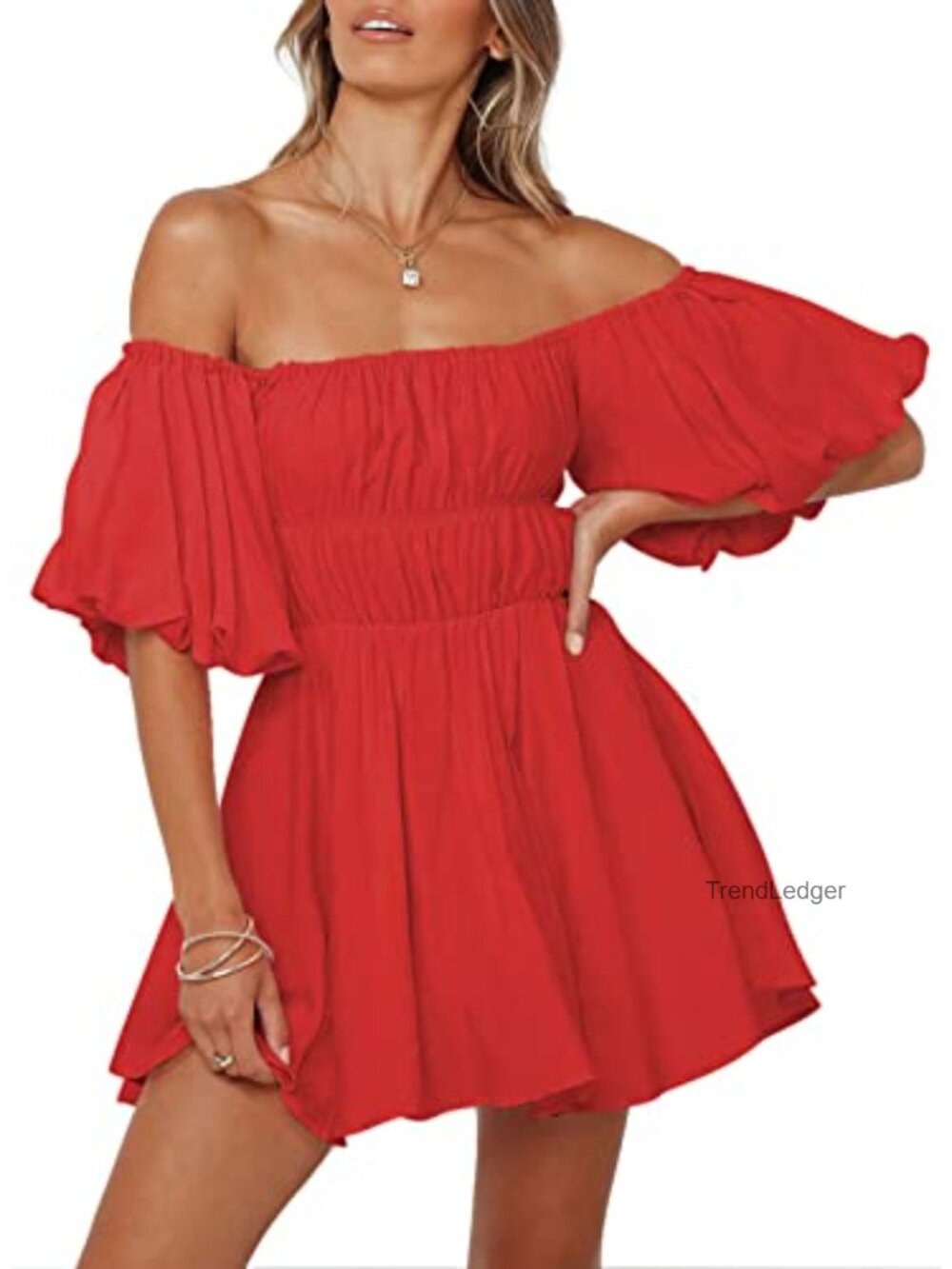Off The Shoulder Elastic Waist A-Line Mini Dress Ruffle Hem
